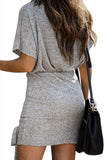 Women's Casual Crew Neck Ruched Stretchy Bodycon Mini Dress Light Grey