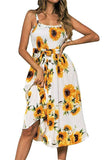 Women's Summer Smocked Sunflower Print Sleeveless Midi Dress With Tie
