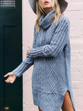Long Sleeve Cable Knit Turtleneck Sweater Dress