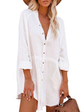 Womens Solid Color V Neck Shirt Dress with Button