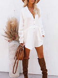 Womens Solid Color V Neck Shirt Dress with Button