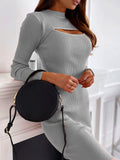 Long Sleeve Rib Knit Bodycon Dress Hollow out Front