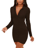 Long Sleeve Button Down Ruched Bodycon Dress