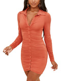 Long Sleeve Button Down Ruched Bodycon Dress