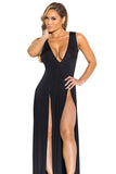 Womens Sexy V Neck Slit Front Sleeveless Maxi Clubwear Dress Black