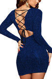 Lace Up Back Long Sleeve Bodycon Dress Sapphire Blue