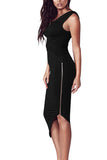 One Shoulder Asymmetric Hem Bodycon Midi Dress Black