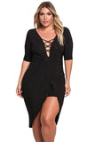 Womens Deep V Neck Half Sleeve Slit Plus Size Plain Midi Dress Black