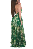 Deep V Neck Halter Backless Floral Print Maxi Slip Club Dress Green