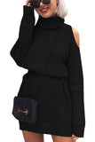 Turtleneck Long Sleeve Cold Shoulder Plain Mini Sweater Dress Black