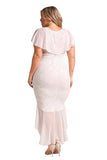 V Neck Plus Size Ruffle Plain Lace Hem Mermaid Bodycon Maxi Dress White