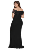 Plus Size Off Shoulder Split Floral Lace Maxi Evening Dress Black