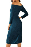 High Split Off Shoulder Long Sleeve Maxi Dress Blue