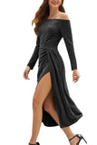 Off Shoulder Long Sleeve High Split Maxi Evening Dress Black