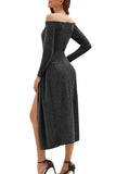 Off Shoulder Long Sleeve High Split Maxi Evening Dress Black