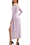 Off Shoulder High Split Solid Maxi Party Dress Light Purple