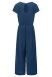 Solid Pocket Short Sleeve Wide Leg Jumpsuit Navy Blue