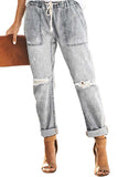 Drawstring High Waisted Pocket Ripped Boyfriend Jeans