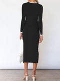 Tight Long Sleeves Ribbed Knit Sweater Midi Dress Hollow Out Front