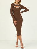 Rib Knit Long Sleeve Hollow Out Tight Sweater Dress