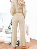 Puff Sleeves Turn Down Collar Pullover Sweater High Rise Wide Leg Pants