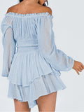 Long Sleeve Swiss Dot Shirred Waist Layered Romper Skirt