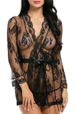 Sexy Long Sleeve Waist Tie Lace Sheer Babydoll With Thong Black