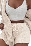 Teddy Coat Crop Top And Shorts Fuzzy 3 Piece Outfit