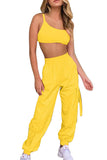 Women's Crop Top Cargo Jogger Pants Two Piece Set Yellow