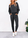 Womens Batwing Sleeve Top Drawstring Pocket Pants Two Piece Tracksuit
