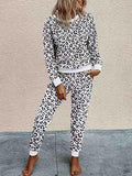 Womens Long Sleeve Top Drawstring Pants Leopard Print Sleepwear