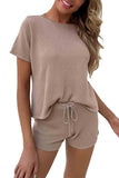 Solid Color Knitted Outfits Crew Neck T Shirt Drawstring Waist Shorts