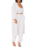 Womens 3 Piece Furry Loungewear Set Crop Top Pants Cardigan Outfit