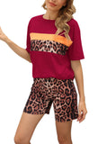 Color Block Casual Outfits Crewneck T Shirt Leopard Print Shorts