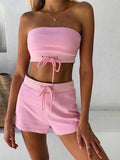 Tube Top Outfits Plain High Waisted Shorts Two Piece Set