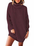 Women's Solid Color Wool Long Pullover Turtleneck Sweater Dress with Side Pockets