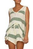 Color Block Knit V Neck Drawstring Casual Tank Top Shorts Set Green