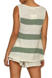 Color Block Knit V Neck Drawstring Casual Tank Top Shorts Set Green