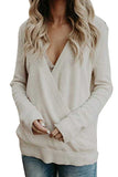 Long Sleeve Plunging Neck Solid Sweater Beige White