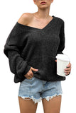 Drop Shoulder Oversized Plain V Neck Sweater Black