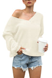 Solid V Neck Oversized Knitted Sweater Beige White