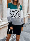 Casual Long Sleeve Crew Neck Leopard Print Mini Sweater Dress