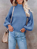 High Neck Lantern Sleeve Rib Knit Sweater Women