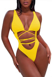 Sexy V Neck Criss Cross Backless Plain One Piece Swimsuit