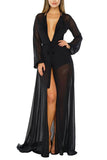 Women's Mesh Long Sleeve Tie Front Maxi Beach Dress See Through Swimsuit Cover Up