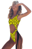 Fringe Cut Out Snakeskin Print High Cut One Piece Swimsuit Yellow
