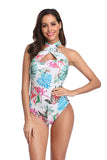 Square Neck Halter Backless Leaf Print One Piece Swimsuit White