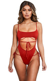 Square Neck Tie Cut Out Plain High Cut One Piece Swimsuit Red