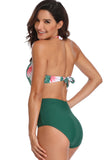 Plus Size Halter Cut Out Pleated Leaf Print One Piece Swimsuit Green