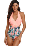 Plus Size Halter Cut Out Leaf Print One Piece Swimsuit Watermelon Red